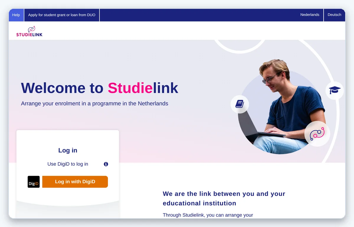 Скриншот: Главная страница портала Studielink для подачи заявок в вузы Нидерландов (снято 25.08.2026)