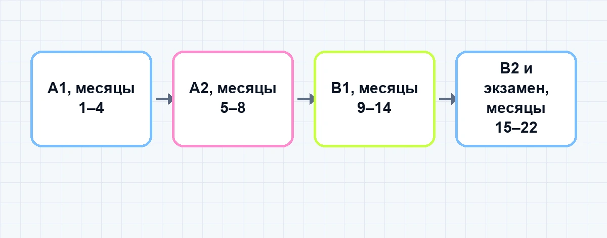 Таймлайн подготовки языка по месяцам от A1 до сдачи экзамена и подачи документов