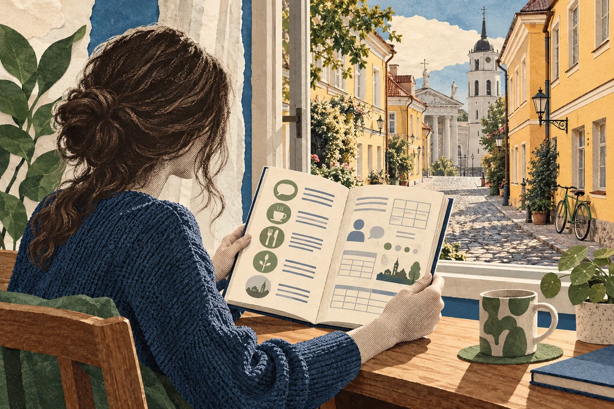 Учебник литовского языка для иностранцев на столе рядом с ноутбуком и тетрадью